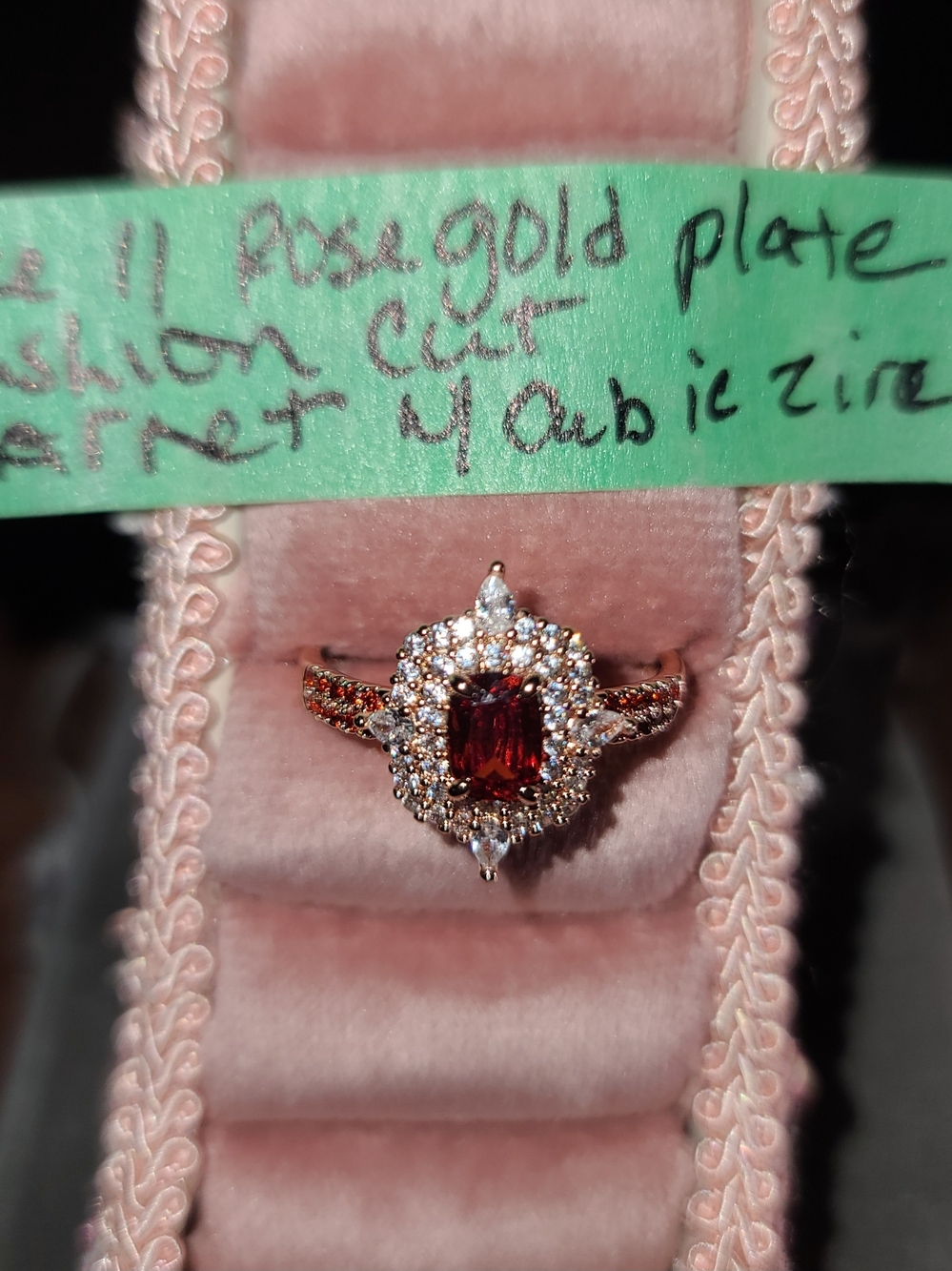Rose Gold Garnet Halo Ring with Pavé Accents Size 11